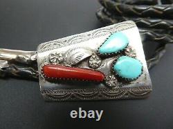 Vintage Navajo Sterling Blue Turquoise Red Coral Feather Leather Bolo Tie