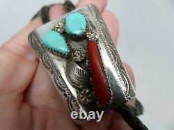 Vintage Navajo Sterling Blue Turquoise Red Coral Feather Leather Bolo Tie