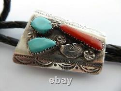 Vintage Navajo Sterling Blue Turquoise Red Coral Feather Leather Bolo Tie