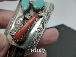 Vintage Navajo Sterling Blue Turquoise Red Coral Feather Leather Bolo Tie