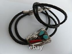 Vintage Navajo Sterling Blue Turquoise Red Coral Feather Leather Bolo Tie