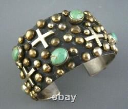 Vintage Navajo Sterling Crosses Turquoise Cuff Bracelet Signed Ronnie Willie 98G
