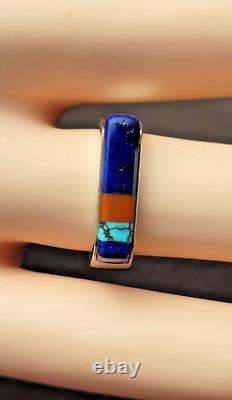 Vintage Navajo Sterling Multi Stone Inlay Turquoise Coral & Lapis Ring L Begay