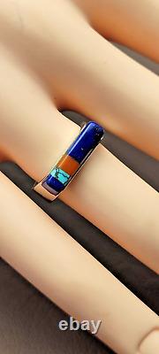 Vintage Navajo Sterling Multi Stone Inlay Turquoise Coral & Lapis Ring L Begay