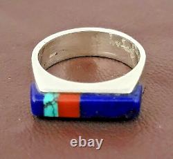 Vintage Navajo Sterling Multi Stone Inlay Turquoise Coral & Lapis Ring L Begay