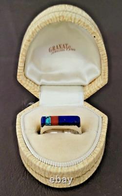 Vintage Navajo Sterling Multi Stone Inlay Turquoise Coral & Lapis Ring L Begay