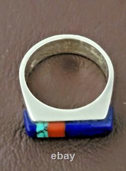 Vintage Navajo Sterling Multi Stone Inlay Turquoise Coral & Lapis Ring L Begay