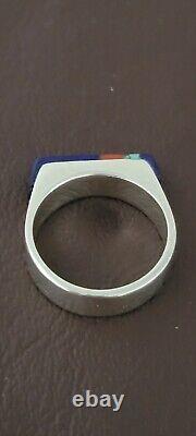 Vintage Navajo Sterling Multi Stone Inlay Turquoise Coral & Lapis Ring L Begay