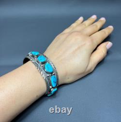 Vintage Navajo Sterling SIlver Turquoise 9 Stones Cuff Bangle Bracelet