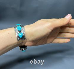 Vintage Navajo Sterling SIlver Turquoise 9 Stones Cuff Bangle Bracelet