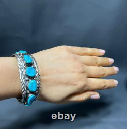 Vintage Navajo Sterling SIlver Turquoise 9 Stones Cuff Bangle Bracelet