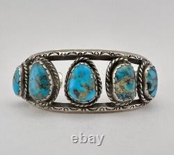 Vintage Navajo Sterling Silver 5 Stone Morenci Turquoise Stamped Cuff Bracelet