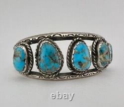 Vintage Navajo Sterling Silver 5 Stone Morenci Turquoise Stamped Cuff Bracelet