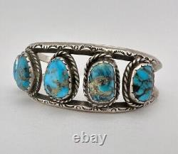 Vintage Navajo Sterling Silver 5 Stone Morenci Turquoise Stamped Cuff Bracelet