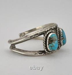 Vintage Navajo Sterling Silver 5 Stone Morenci Turquoise Stamped Cuff Bracelet