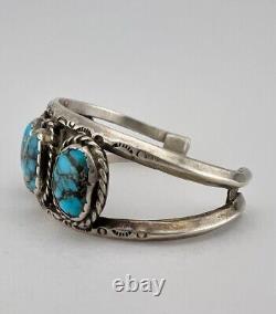 Vintage Navajo Sterling Silver 5 Stone Morenci Turquoise Stamped Cuff Bracelet