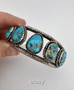 Vintage Navajo Sterling Silver 5 Stone Morenci Turquoise Stamped Cuff Bracelet