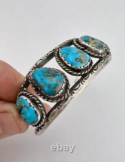 Vintage Navajo Sterling Silver 5 Stone Morenci Turquoise Stamped Cuff Bracelet