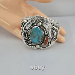 Vintage Navajo Sterling Silver 6.5 Turquoise Coral Cuff Bracelet 70.8 Grams