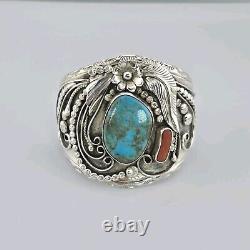 Vintage Navajo Sterling Silver 6.5 Turquoise Coral Cuff Bracelet 70.8 Grams