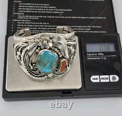 Vintage Navajo Sterling Silver 6.5 Turquoise Coral Cuff Bracelet 70.8 Grams