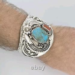 Vintage Navajo Sterling Silver 6.5 Turquoise Coral Cuff Bracelet 70.8 Grams