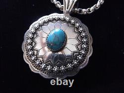 Vintage Navajo Sterling Silver 925 Turquoise Pendant Sterling Box Link Chain 42g