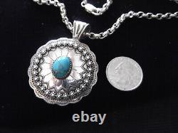 Vintage Navajo Sterling Silver 925 Turquoise Pendant Sterling Box Link Chain 42g
