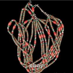 Vintage Navajo Sterling Silver Ajax Mine Turquoise Red Coral 5 Strand Necklace