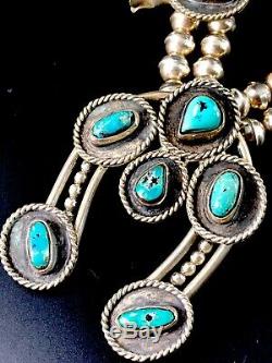 Vintage Navajo Sterling Silver Bisbee Blue Turquoise Squash Blossom 26 Necklace