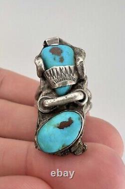 Vintage Navajo Sterling Silver Blue Gem Turquoise Stamped 3D Ring 19g