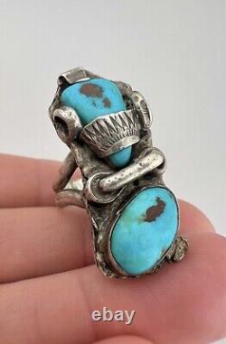 Vintage Navajo Sterling Silver Blue Gem Turquoise Stamped 3D Ring 19g