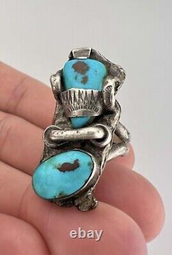 Vintage Navajo Sterling Silver Blue Gem Turquoise Stamped 3D Ring 19g