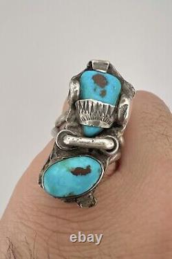 Vintage Navajo Sterling Silver Blue Gem Turquoise Stamped 3D Ring 19g