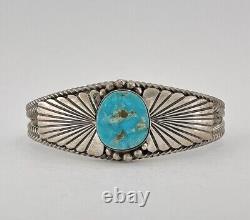 Vintage Navajo Sterling Silver Blue Gem Turquoise Stamped Twist Cuff Bracelet