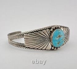 Vintage Navajo Sterling Silver Blue Gem Turquoise Stamped Twist Cuff Bracelet