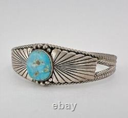 Vintage Navajo Sterling Silver Blue Gem Turquoise Stamped Twist Cuff Bracelet