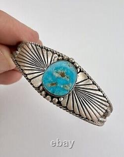 Vintage Navajo Sterling Silver Blue Gem Turquoise Stamped Twist Cuff Bracelet