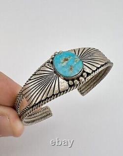 Vintage Navajo Sterling Silver Blue Gem Turquoise Stamped Twist Cuff Bracelet