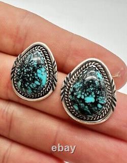 Vintage Navajo Sterling Silver Blue Kingman Spiderweb Turquoise Post Earrings