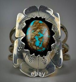 Vintage Navajo Sterling Silver Boulder Turquoise Shadow Box Cuff Bracelet SOLID