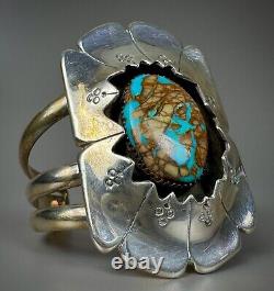 Vintage Navajo Sterling Silver Boulder Turquoise Shadow Box Cuff Bracelet SOLID