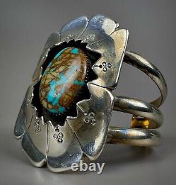 Vintage Navajo Sterling Silver Boulder Turquoise Shadow Box Cuff Bracelet SOLID