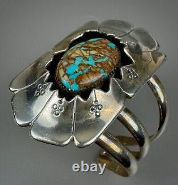 Vintage Navajo Sterling Silver Boulder Turquoise Shadow Box Cuff Bracelet SOLID