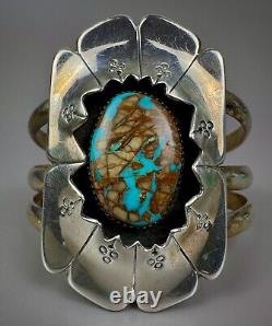 Vintage Navajo Sterling Silver Boulder Turquoise Shadow Box Cuff Bracelet SOLID