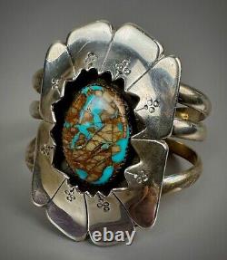 Vintage Navajo Sterling Silver Boulder Turquoise Shadow Box Cuff Bracelet SOLID