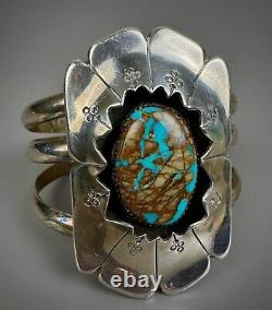 Vintage Navajo Sterling Silver Boulder Turquoise Shadow Box Cuff Bracelet SOLID