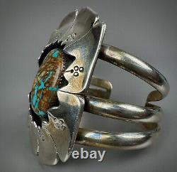 Vintage Navajo Sterling Silver Boulder Turquoise Shadow Box Cuff Bracelet SOLID