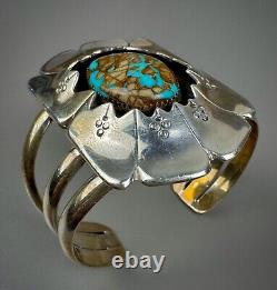 Vintage Navajo Sterling Silver Boulder Turquoise Shadow Box Cuff Bracelet SOLID