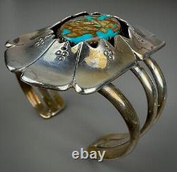 Vintage Navajo Sterling Silver Boulder Turquoise Shadow Box Cuff Bracelet SOLID